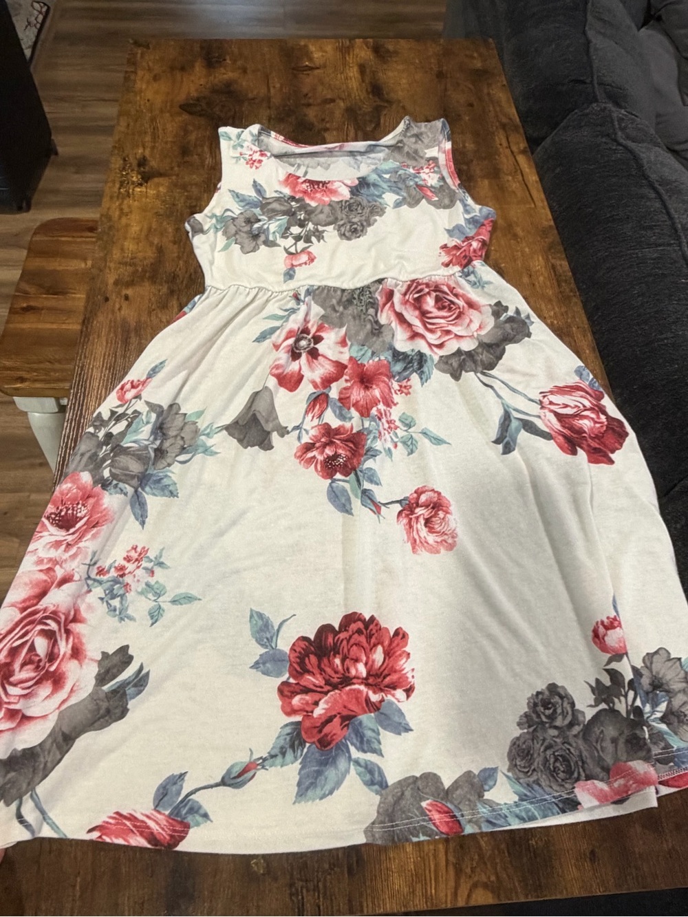 Floral Sleeveless Dress - Red & Gray on Cream